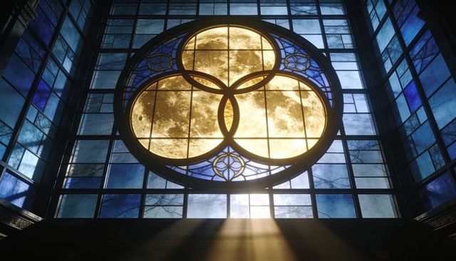 Moonlight streaming through trefoil stained glass window in gothic chapel interior