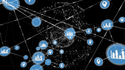 Digital Network Connections with Data and Location Icons on Black