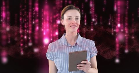 Businesswoman Using Tablet with Tech Background