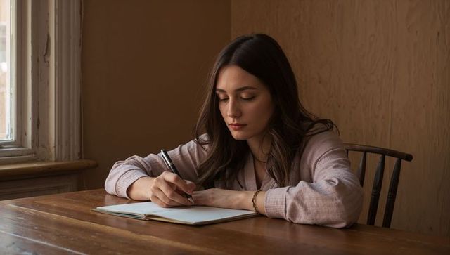 Young woman journaling at wooden table by window, focused study and mindful writing