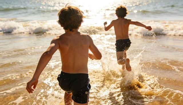 Two boys running and splashing in golden-hour surf on sunlit sandy shore
