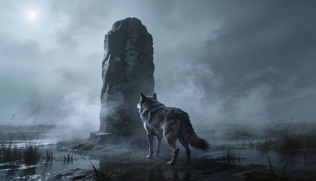 Gray wolf facing weathered menhir in moonlit misty marsh, fog curling over shallow pools