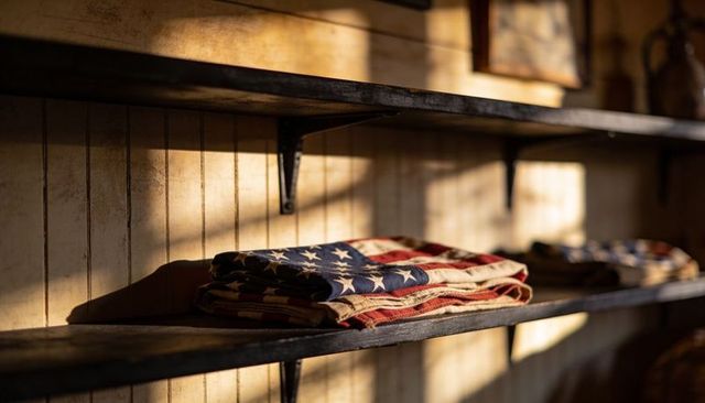 Folded american flag resting on rustic shelf with warm sunlight, shadows and vintage beadboard
