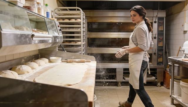Female baker sprinkling flour while preparing dough on bench with rolling pin and ovens
