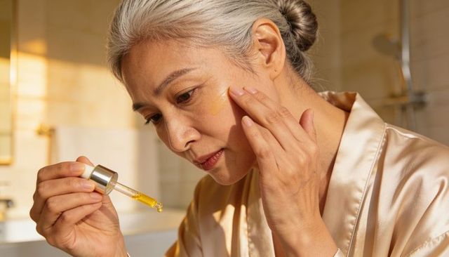 Senior asian woman applying golden facial serum with dropper, satin robe beauty ritual