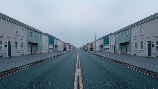 Symmetrical pastel suburban street with double yellow line leading to vanishing point