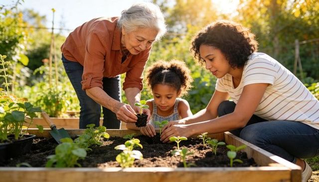 Multigenerational family gardening together planting seedlings in sunlit raised wooden bed