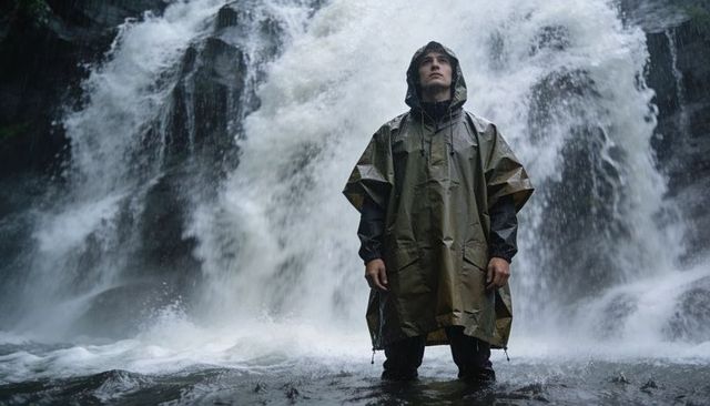 Solitary hiker standing in waterfall spray wearing olive hooded poncho and boots