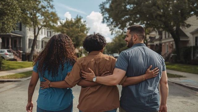 Friends walking arm in arm down suburban street enjoying neighborhood stroll