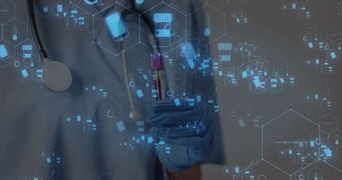 Caucasian Female Doctor Holding Blood Sample Vial with Medical Icons