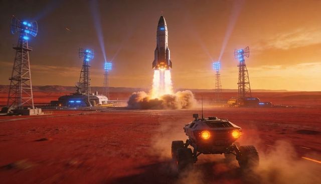 Rocket launching at sunset with rover approaching launchpad on red planet landscape