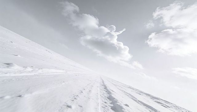Sunlit snowy slope with ski tracks leading to bright horizon under sculpted cumulus cloud