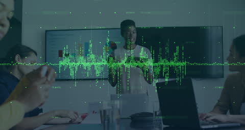 Businesswoman Leading High-Tech Presentation with Data Visualization