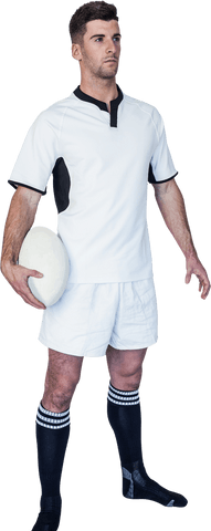 Focused rugby player holding ball in transparent background