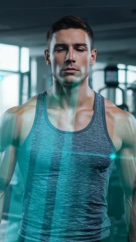 Fit Man Receiving Holographic Biometric Scan in Gym Vertical Video for Fitness Tech