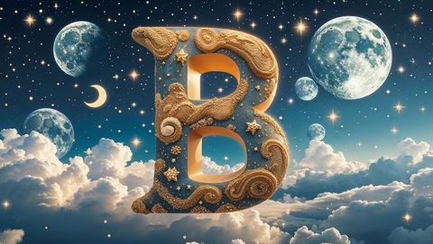 Ornate 3d letter b in cosmic sky with moons