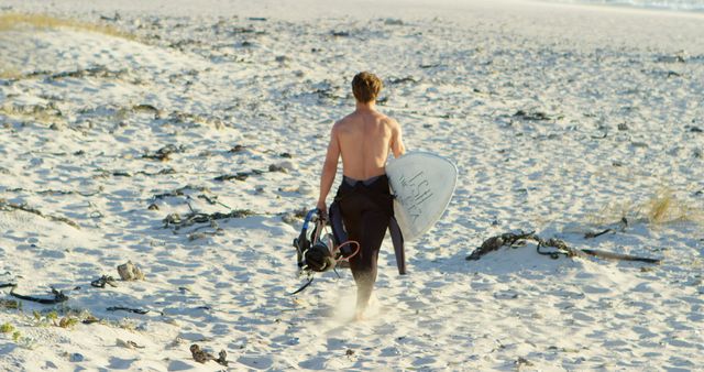 Surfer Carrying Gear Along Sandy Beach at Dawn - Download Free Stock Images Pikwizard.com