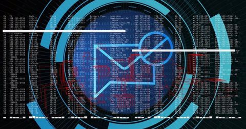 Scanning Neon Envelope Icon Pulsing Inside Cybersecurity HUD with Code Columns and Glitch