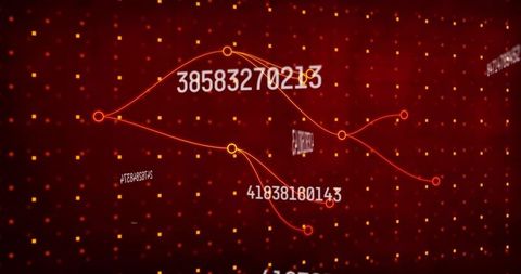 Glowing red network visualization with curved data paths, circular nodes, numeric labels