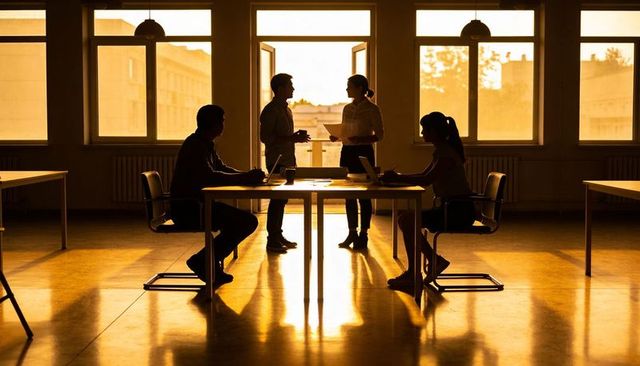 Sunset office team collaborating in open-plan workspace with backlit silhouettes and laptops