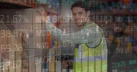 Warehouse Worker with Digital Overlay of Global Shipping Data