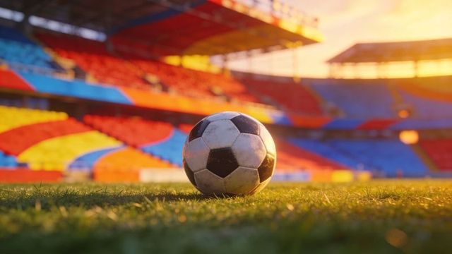 Worn soccer ball resting on dew-kissed turf during golden hour in empty colorful stadium