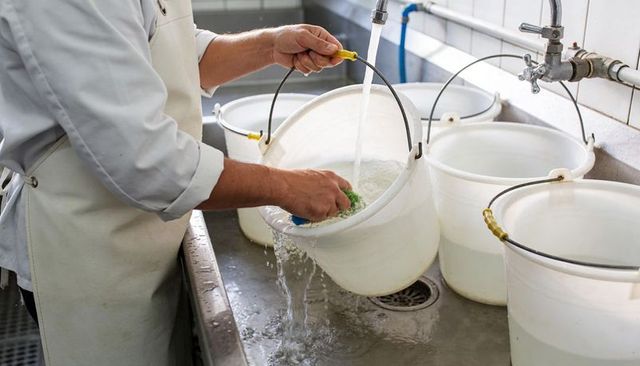 Kitchen worker rinsing and scrubbing plastic buckets at commercial sink with running water