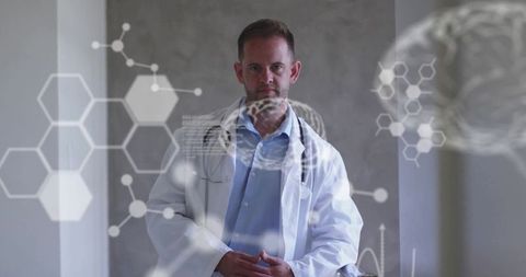 Futuristic healthcare professional in laboratory setting with digital overlays