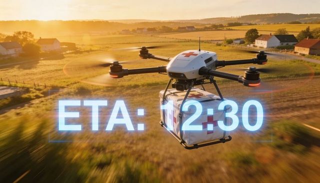Emergency medical drone delivering kit with holographic eta over rural farmland at sunset