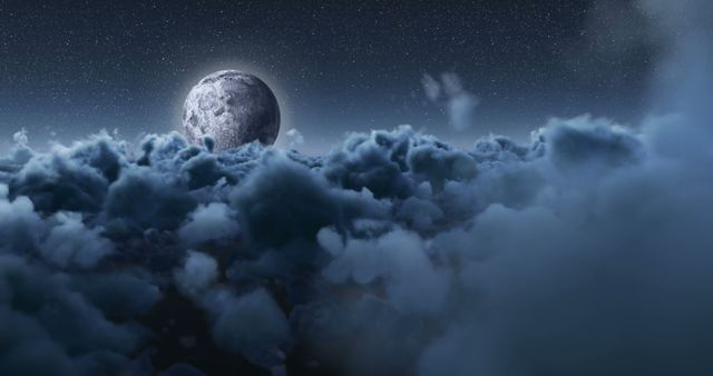 A surreal landscape showcases a full moon rising above fluffy clouds under a starry night sky, with copy space. This dreamlike scene evokes a sense of tranquility and the vastness of the universe.