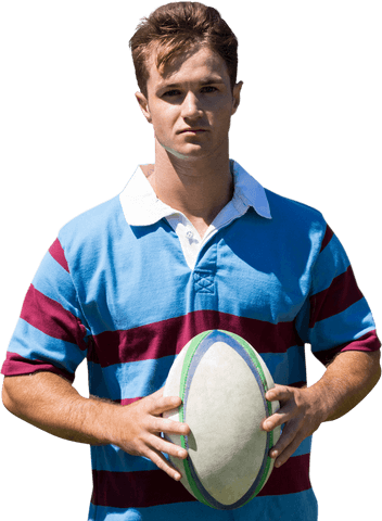 Caucasian Rugby Player Holding Ball on Transparent Background