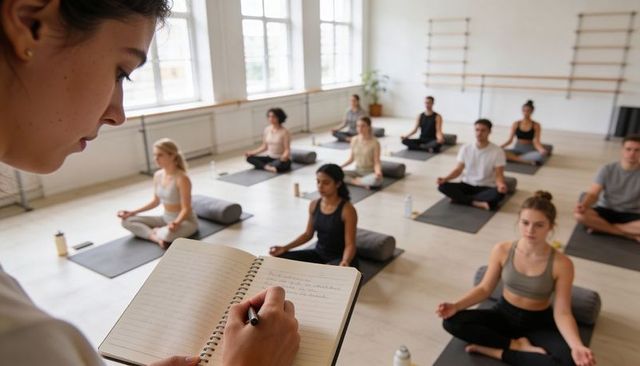 Yoga instructor taking notes in sunlit studio while students meditating on mats