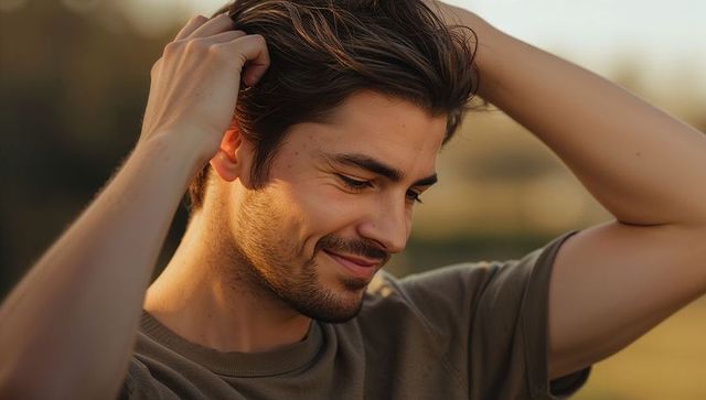 Relaxed young man running fingers through hair at golden hour meadow portrait smiling