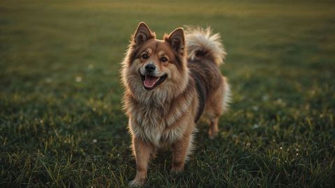 Happy fluffy barking dog enjoying sunset in open field