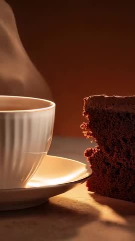 Rising Steam from Cup on Saucer with Chocolate Cake Close-Up | Cozy Vertical Coffee Video