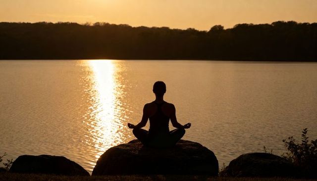 Woman meditating on lakeshore rock at sunset silhouette with golden sun reflection