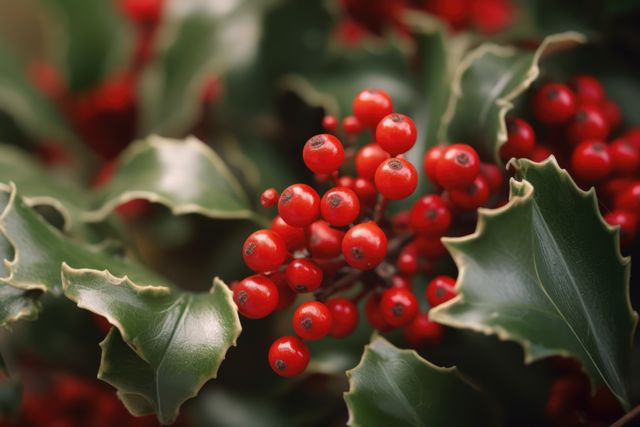 Ideal for use in holiday-themed designs, Christmas cards, festive decorations, and seasonal marketing materials. This vibrant close-up of holly berries with glossy green leaves perfectly captures the essence of the holiday season, bringing a natural and festive touch to any project.