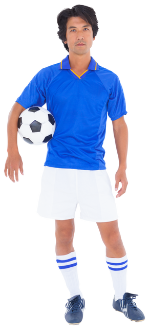 Transparent view of football player in blue and white uniform holding soccer ball - Download Free Stock Videos Pikwizard.com