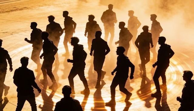 Silhouetted crowd moving through golden haze at sunset with swirling reflections