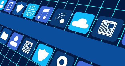 Digital Icons Over Grid on Abstract Blue Background - Download Free Stock Images Pikwizard.com