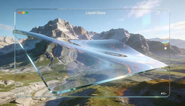 Liquid glass interface sheet bending and refracting over sunlit alpine valley landscape