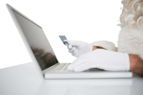 Hands of Santa Claus holding a credit card and typing on a laptop keyboard on a transparent background, ideal for illustrating online holiday shopping themes or festive promotions. Use in Christmas marketing campaigns, online retail advertisements, or holiday articles focused on digital payments and convenience.