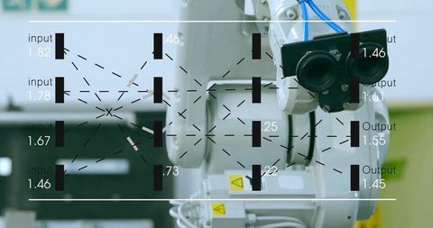 Robotic arm operating with stereo camera and neural network overlay for factory automation