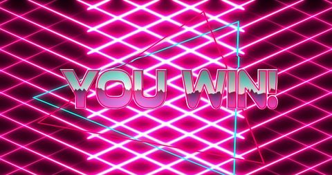 Neon celebration with you win text and triangular patterns