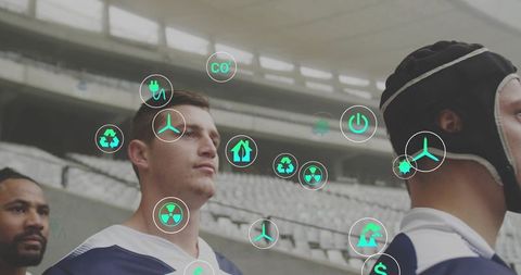 Rugby players standing in stadium showing augmented reality performance and eco icons
