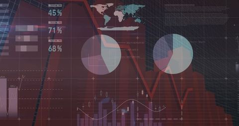 Maroon data dashboard showing declining red area chart with pie charts and candlestick trends