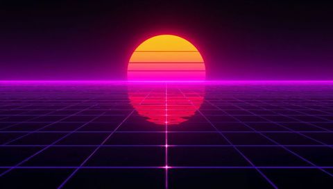 Glowing retro sun reflecting on neon grid horizon, synthwave vaporwave cyberpunk style