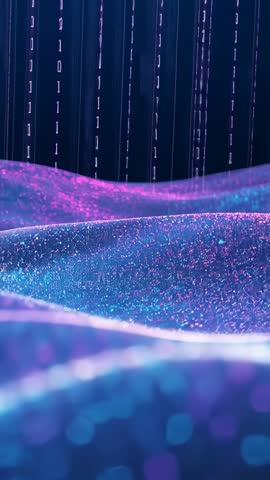 Neon particle waves drifting with falling binary glyphs over navy vertical animation loop