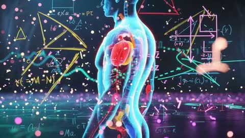 Futuristic Neon Human Anatomy with Glowing Organs and Formulas