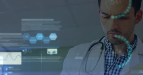 Doctor Analyzing Digital Data Overlay in Medical Setting